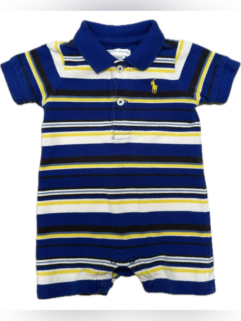 Ralph Lauren Navy, White & Yellow Striped Polo Romper